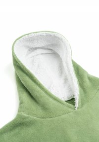 Green fleece hoodie with a white sherpa-lined interior. Features a deep V-neck design and soft texture for comfort.