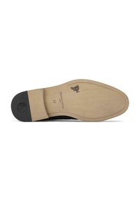 Black shoe sole with a light wood finish, features a rounded edge, rubber heel, and stamped logo near the toe area. Size 42 indicated.