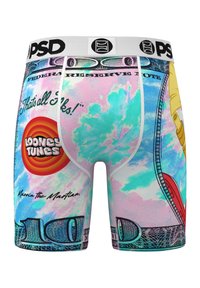 Boxer briefs featuring a colorful design of a dollar bill with a "Looney Tunes" graphic. Made of a smooth material with a white waistband.