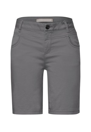 Grå shorts i en blandad bomullstyg, med knappstängning, bältesöglor och två sidofickor med en mjuk yta.