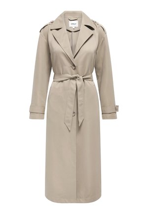 Beige lang trenchcoat med reverskrave, bælte i taljen, knaplukning, skulderremme og manchetstropper.