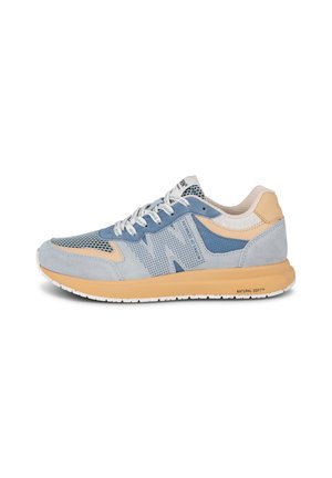 Blue suede and mesh sneaker with light brown accents, round toe, lace-up closure, and textured sole. Features a logo on the side.