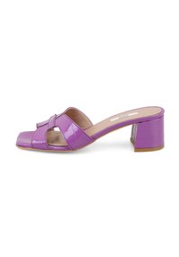 Purple patent leather mule, featuring a square toe, open front with crisscross straps, and a chunky heel. Textured finish with a glossy sheen.