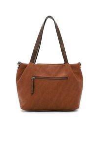 Sac fourre-tout marron avec une surface texturée, doté d'une poche avant zippée et de poignées doubles dans une teinte plus foncée. Le design est spacieux et polyvalent.