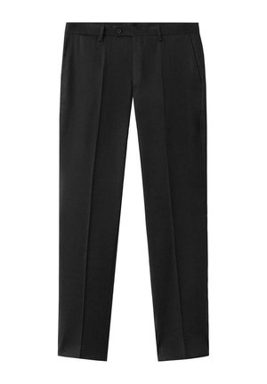 Zwarte formele broek met voorplooien, zijzakken, riemlussen en een knoopsluiting aan de tailleband.