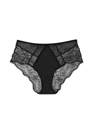 Black panties featuring a combination of lace and smooth fabric. The lace has a floral pattern and scalloped edges, enhancing the design.