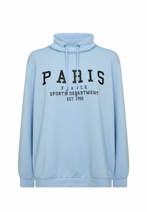 Light blue pullover sweatshirt with a high collar, featuring black text that reads "PARIS FRANCE SPORTS DEPARTMENT EST. 1992." Soft fabric.