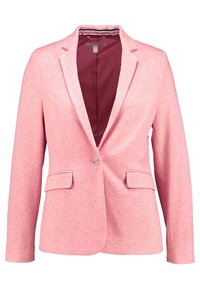 Blazer rosa con rever a punta, due tasche frontali e chiusura a un bottone. Texture morbida con un colore interno a contrasto.