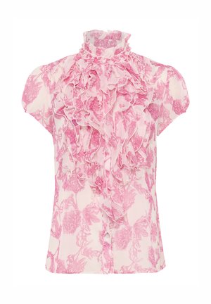 Pink floral blouse with ruffled high neckline and cap sleeves. Made from lightweight fabric, featuring a delicate floral pattern and button closure.