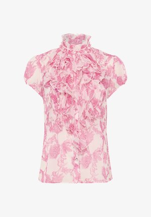 Pink floral blouse with ruffled high neckline and cap sleeves. Made from lightweight fabric, featuring a delicate floral pattern and button closure.
