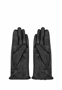 Czarne skórzane rękawiczki o gładkiej fakturze, charakteryzujące się prostym wzornictwem i wydłużonymi palcami, odpowiednie na co dzień lub na formalne okazje.