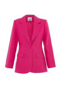 Fuksia-linen bleiseri, jossa on viistetyt kaulukset, yksittäinen nappisulku ja kaksi etutaskua. Rakennehartiat ja pitkät hihat.