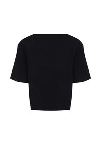 Maglione nero a maniche corte con design boxy e scollatura ampia. Realizzato in tessuto a maglia con una texture liscia e senza motivi o decorazioni visibili.