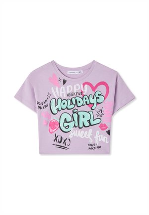 Fioletowy krótki T-shirt z bawełny, z kolorowym nadrukiem tekstu i grafik, w tym serc, truskawek oraz zabawnych fraz.