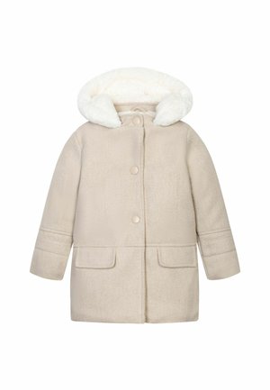 Manteau d'hiver beige avec boutons-pression, deux poches avant à rabat et une capuche doublée de fausse fourrure blanche.