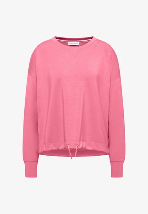 Roze sweater met lange mouwen, ronde hals, trekkoord aan de zoom, geribbelde manchetten en subtiele "Frieda & Freddies" branding op de kraag en schouder.