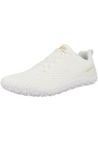 White athletic shoes made of mesh material, featuring a textured sole with triangular patterns and a subtle gold logo on the tongue.