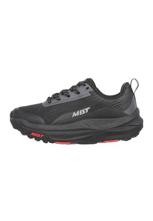 Black MBT athletic shoe with thick sole, mesh upper, lace-up front, and red accents on the sole, shown from the side.