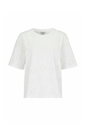 Hvid kortærmet bluse med rund halsudskæring og huller i cirkulære mønstre, jævnt fordelt over stoffet.