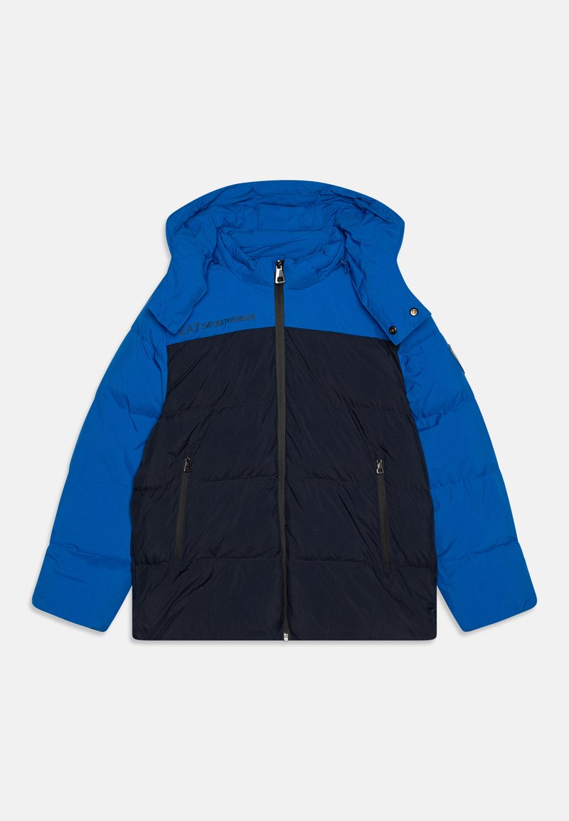 Blue and navy puffer jacket with a hood, featuring zippered front pockets, contrasting panels, and a smooth, quilted texture.