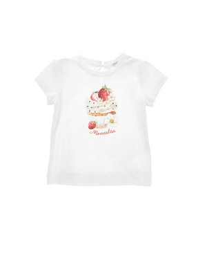 Bílé krátké tričko pro batolata s potiskem cupcakes, jahod, květin a nápisem "Monnalisa" na přední straně.