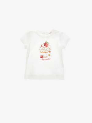 Maglietta bianca a maniche corte per bambino piccolo con stampa di cupcake, fragole, fiori e scritta "Monnalisa" sul davanti.