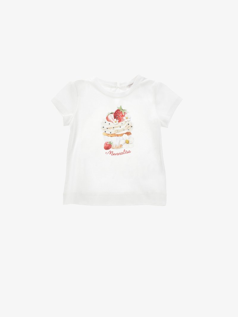 Λευκό κοντομάνικο παιδικό μπλουζάκι με εκτύπωση cupcake, φράουλες, λουλούδια και το κείμενο "Monnalisa" στο μπροστινό μέρος.