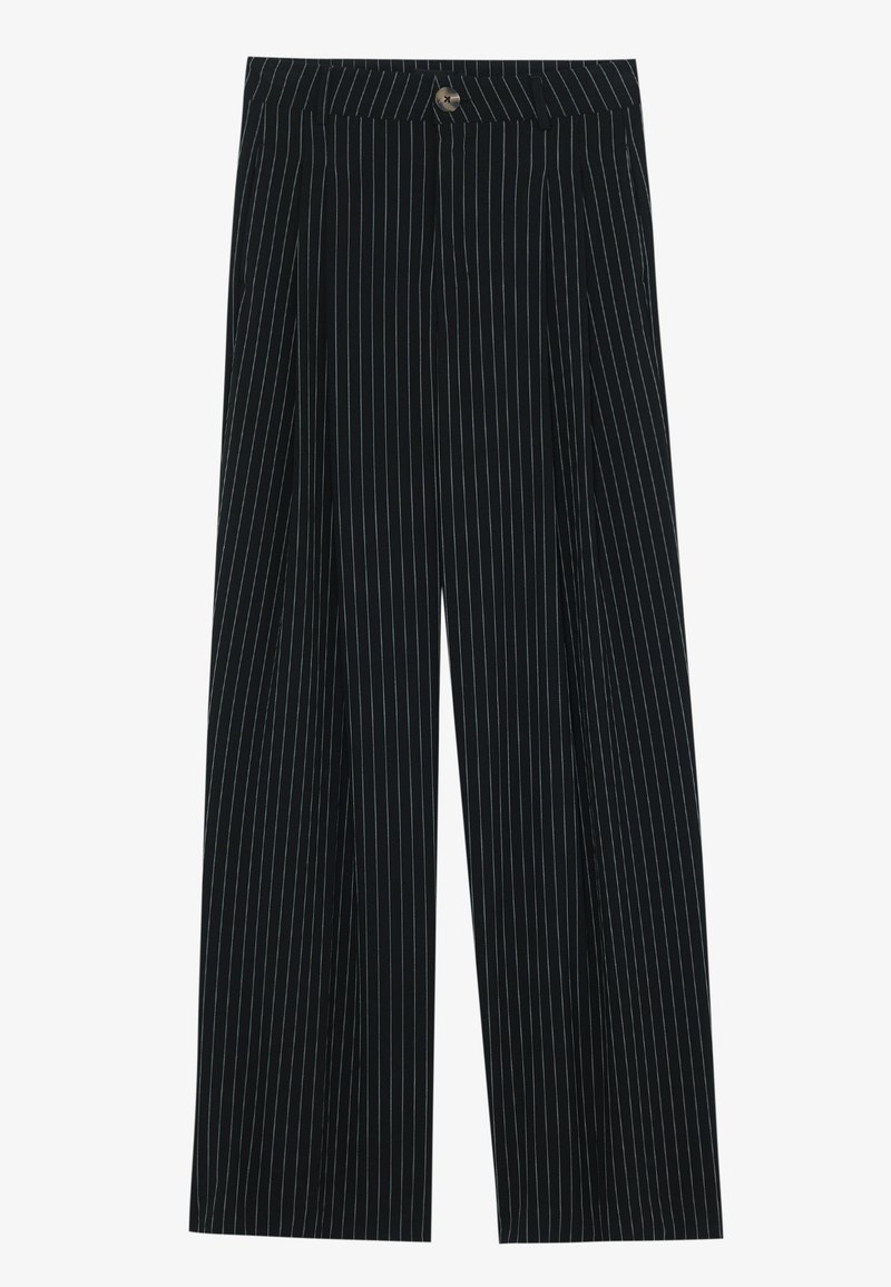 Mustra mustriga laiad püksid, mis on valmistatud tekstuuriga kangast, ees on nupuga sulgemine ja volditud disain, mis lisab huvitavat elementi.