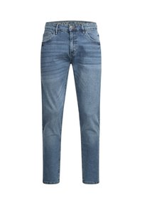 Lichtblauwe denim jeans met een slim fit, voorzien van vijf zakken, een rits en een medium taille, afgewerkt met subtiele vervagingselementen.
