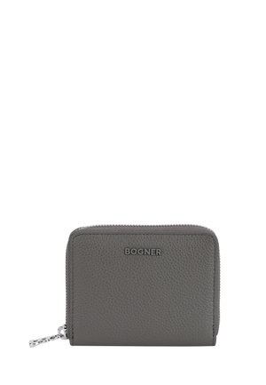 Gray leather wallet with textured finish, zip closure, and metal logo detail on the front. Compact rectangular shape with a sleek design.