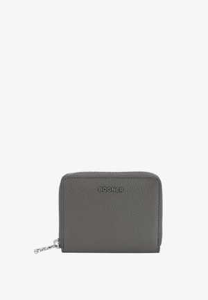Gray leather wallet with textured finish, zip closure, and metal logo detail on the front. Compact rectangular shape with a sleek design.