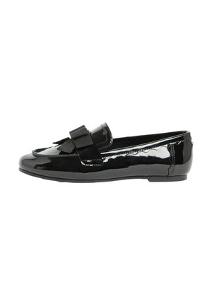 Black patent leather ballet flat with a rounded toe and a bow accent. Smooth texture, low heel, and a subtle shine.
