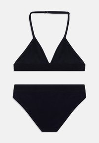 Black bikini set featuring a triangular bralette with thin straps and a matching high-waisted bottom. Smooth texture and minimal design.