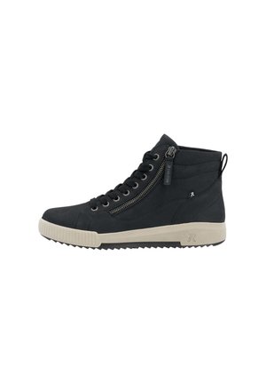Black high-top sneaker with black laces, side zipper, beige sole, and pull tab at the heel, shown from the outer side on a white background.