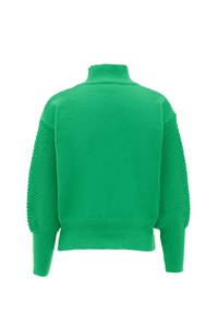 Grüner gestrickter Pullover mit hohem Kragen, strukturierten Ärmeln und geripptem Saum. Verfügt über strukturierte Muster an Schultern und Ärmeln.