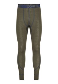 Olivengrønne termoleggings med en glat tekstur, der har mørkeblå syninger og en blå talje med teksten "DOVRE." Tæt design.