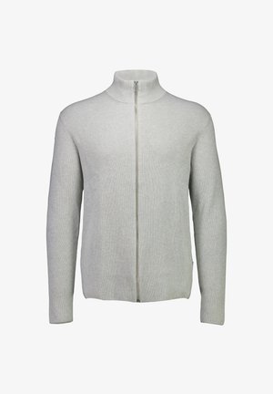 Vaaleanharmaa ribbed zip-up -neule, jossa on korkea kaulus ja pitkät hihat. Kankaan pinta on sileä; neuleessa on suora helma ja minimalistinen muotoilu.