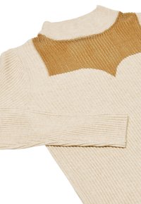 Gebreide trui in lichtbeige met een geribde textuur, met een contrasterend paneel met gouden accenten bij de halslijn. Lange mouwen inbegrepen.