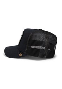 Black cap with a solid fabric front and mesh back. Features a curved brim and a logo patch on the front. Textured stitching detail.
