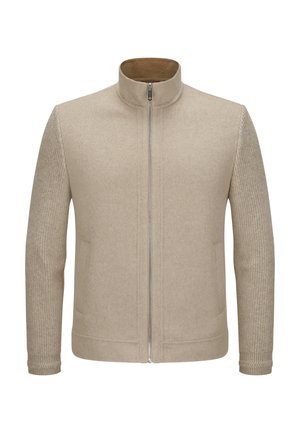 Beige zip-up jacket with high collar, smooth front and knitted sleeves in matching beige tone, displayed on a plain background.
