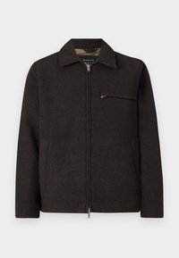 Dunkelbraune Jacke aus Wollmischung mit Reißverschluss vorne, spitzem Kragen, Seitentaschen und einer Brusttasche mit Reißverschluss. Strukturierte Oberfläche.