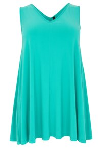 Turquoise mouwloos top met een V-hals ontwerp, gemaakt van zachte stof, met een losse pasvorm en een zachte draping voor comfort.