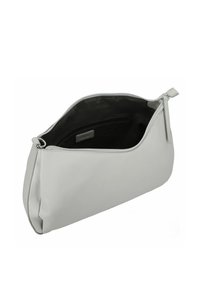 Gray leather clutch bag with a smooth, matte texture and zip closure, featuring a black interior and a small slip pocket.