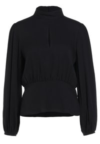 Svart blus med hög krage, långa puffärmar, en nyckelhålsöppning fram och detaljer med skrynklig midja. Slät tygtextur.