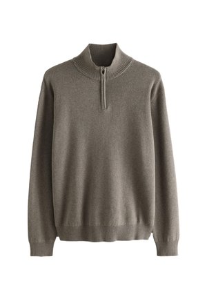 Pull gris à manches longues avec poignets, ourlet et col montant côtelés, doté d'une courte fermeture éclair devant.