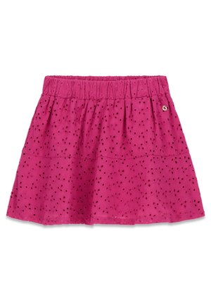 Gonna rosa fucsia con vita elastica, ricamata con occhielli e motivo a intaglio floreale, lunghezza sopra il ginocchio, tessuto leggero.