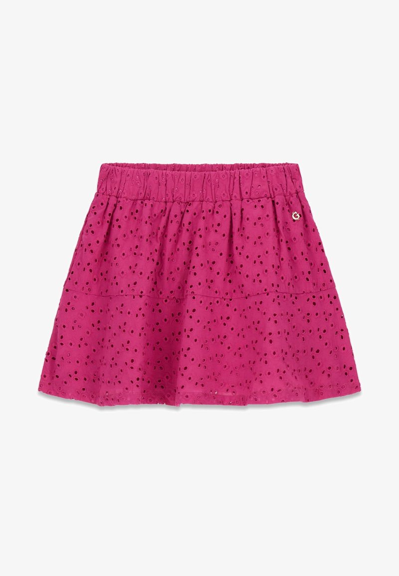 Jupe rose fuchsia avec ceinture élastique, broderie œillets et motif découpé floral, longueur au-dessus du genou, tissu léger.