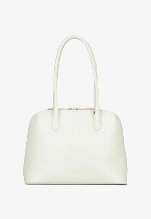 Borsa a mano in pelle bianca con doppi manici, forma rettangolare arrotondata e chiusura superiore con cerniera.