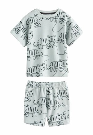 Lysegråt sæt til småbørn med kortærmet skjorte og shorts med legesyge sorte tigerillustrationer med kontur og bølgende forbindelseslinjer.