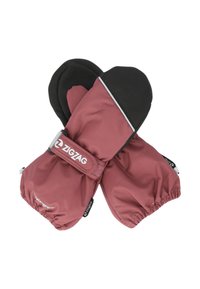 Moufles imperméables en bordeaux avec des accents noirs, dotées d'une sangle réglable et de poignets élastiqués pour un ajustement sécurisé.